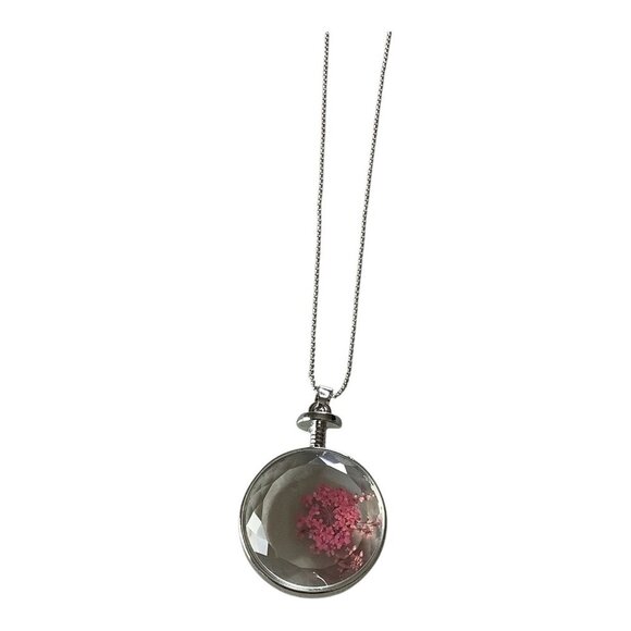 Real Dried Pink Flower Pendant Necklace W/ Clear Resin & White Gold Plated Chain - Picture 1 of 8